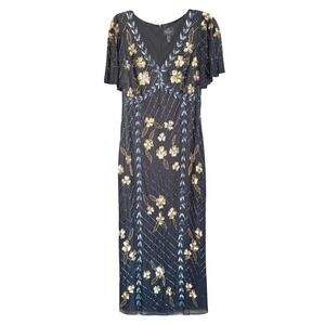 Adrianna Papell Black Gold Beaded Flutter Sleeve Ankle Dress